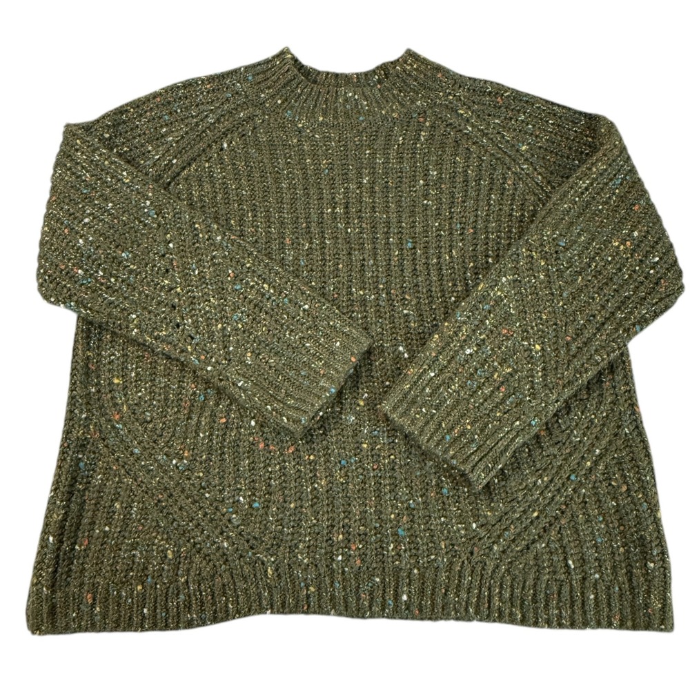 Talbots XL Petite Olive Green Donegal Tweed Mock Neck Ribbed Chunky Knit Sweater